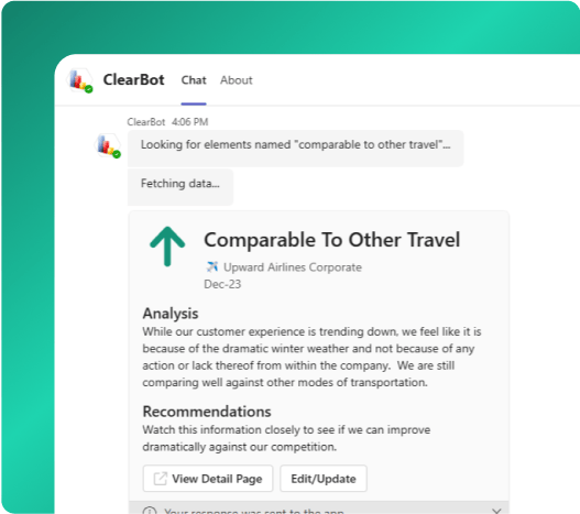 ClearBot in Microsoft Teams showing a ClearPoint objective with its analysis, recommendations and an Edit/Update button