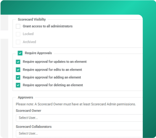 ClearPoint scorecard settings requiring approval for updates, edits, additions and deletions, with approver fields