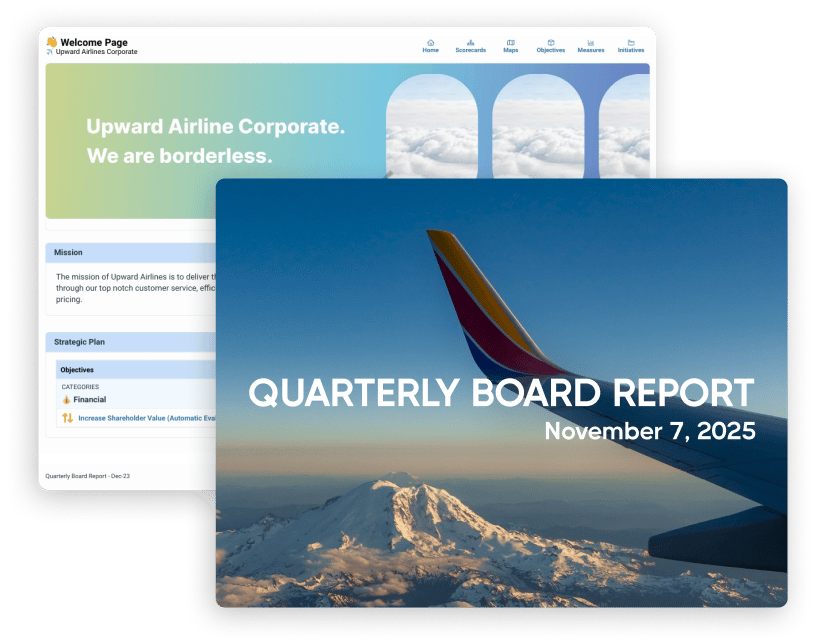 Quarterly Board Report generated in ClearPoint, over the scorecard's welcome page and strategic plan