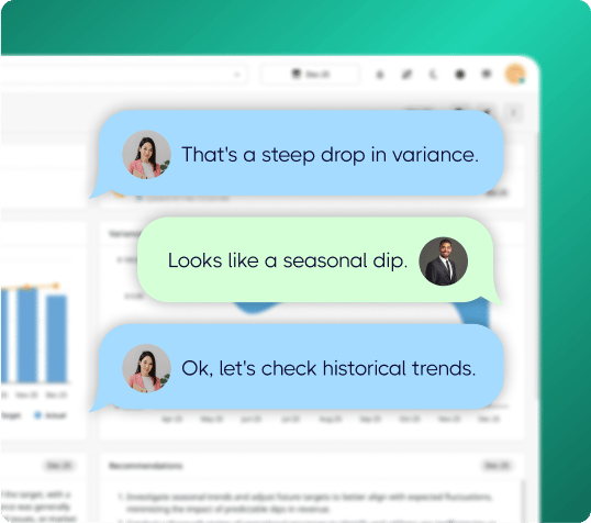 Colleagues chatting over a ClearPoint chart about a steep drop in variance, a seasonal dip and historical trends