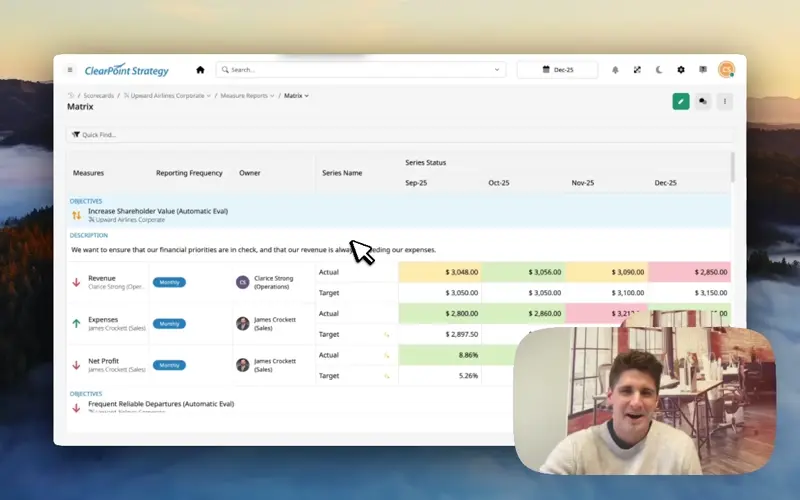 ClearPoint demo with a presenter on webcam walking through a matrix report of measures, owners and monthly status